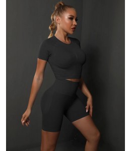 Безшовний жіночий фітнес комплект Crop T-Shirt+Tracks Push Up 24 (BLACK)