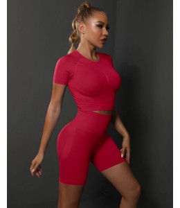 Бесшовный женский фитнес комплект Crop T-Shirt+Tracks Push Up 24 (Rosso)