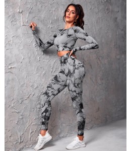 Мраморный фитнес костюм рашгард с леггинсами Пуш-ап Crop top+Leggings 03 (Grey black)
