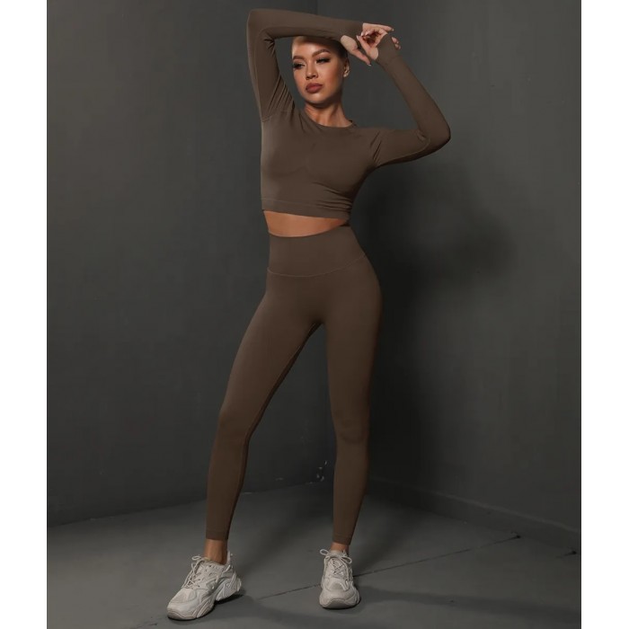 Бесшовный женский фитнес костюм Crop top+Leggings 05 (CHOCOLATE)