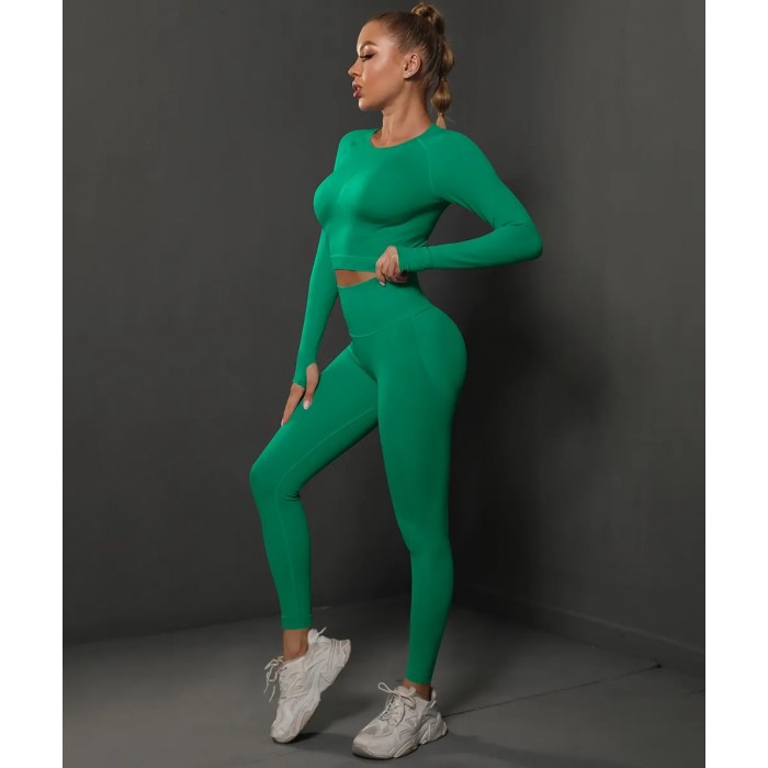  Жіночий жіночий фітнес костюм Crop top+Leggings 05 (GREEN)