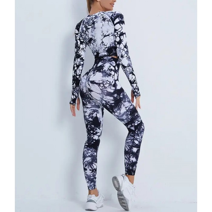 Мармуровий фітнес костюм рашгард з легінсами Пуш-ап Crop top+Leggings 03 (White black) Мармуровий фітнес костюм рашгард з легінсами Пуш-ап Crop top+Leggings 03 (White black)
