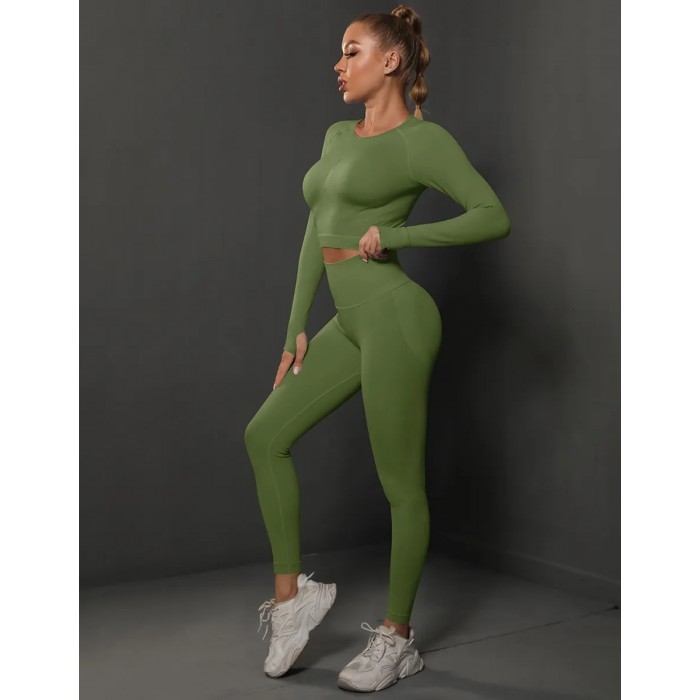  Жіночий жіночий фітнес костюм Crop top+Leggings 05 (Olive green)