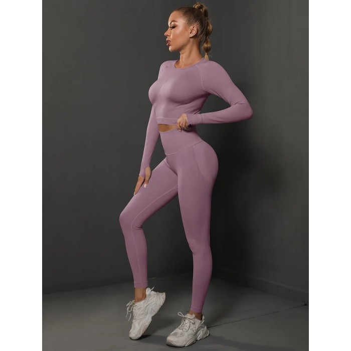  Жіночий жіночий фітнес костюм Crop top+Leggings 05 (Rosy pink)