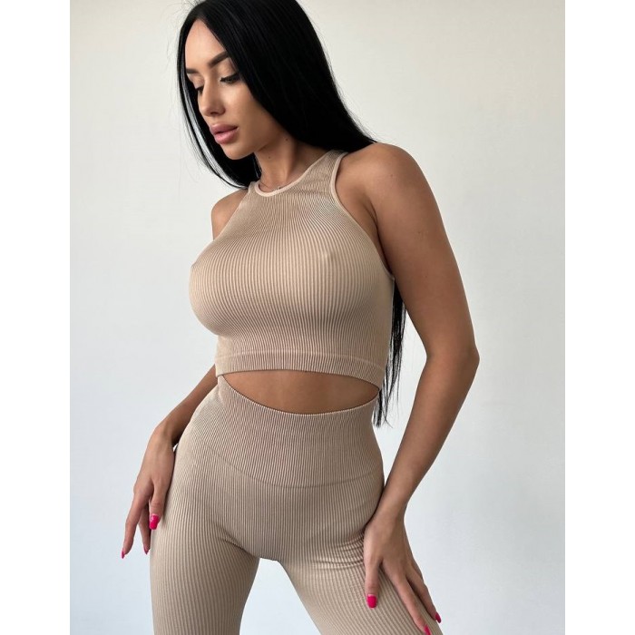 Жіночий безшовный топ у рубчик на широких бретелях Giulia Halter top Rib (NATURALE)
