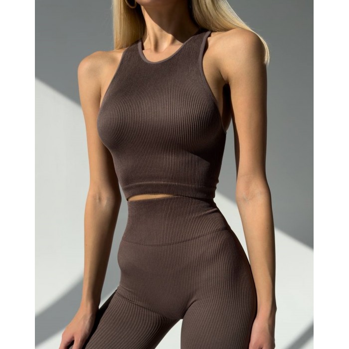 Жіночий безшовный топ у рубчик на широких бретелях Giulia Halter top Rib (DEEP TAUPE)
