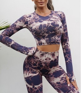 Мраморный фитнес костюм рашгард с леггинсами Пуш-ап Crop top+Leggings 03 (BLUE)