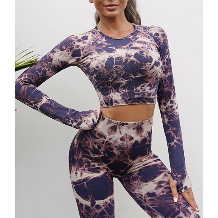Мармуровий фітнес костюм рашгард з легінсами Пуш-ап Crop top+Leggings 03 (BLUE)