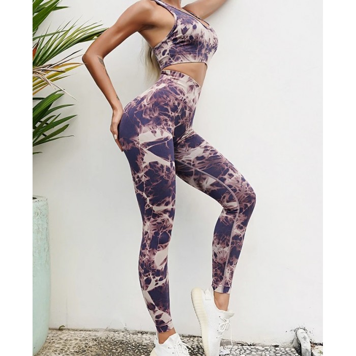 Мраморный фитнес костюм Топ с леггинсами Пуш-ап Bra+Leggings marble 03 (BLUE)