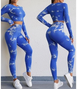 Мраморный фитнес костюм рашгард с леггинсами Пуш-ап Crop top+Leggings 03 (BLUE WHITE)