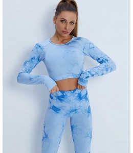Мраморный фитнес костюм рашгард с леггинсами Пуш-ап Crop top+Leggings 03 (BONY BLUE)
