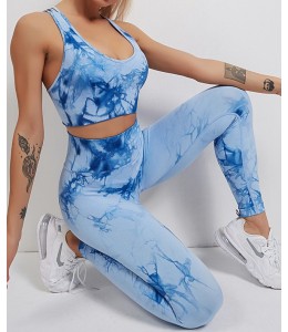 Мраморный фитнес костюм Топ с леггинсами Пуш-ап Bra+Leggings marble 03 (BONY BLUE)