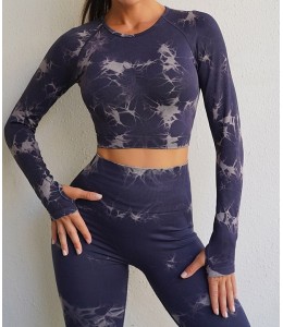 Мраморный фитнес костюм рашгард с леггинсами Пуш-ап Crop top+Leggings 03 (DEEP NAVI)