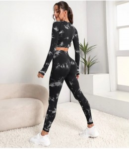 Мраморный фитнес костюм рашгард с леггинсами Пуш-ап Crop top+Leggings 03 (BLACK GRAY)