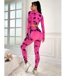 Мраморный фитнес костюм рашгард с леггинсами Пуш-ап Crop top+Leggings 03 (FUXIA)