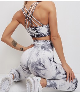 Мраморный фитнес костюм Топ с леггинсами Пуш-ап Bra+Leggings marble 03 (WHITE BLACK)