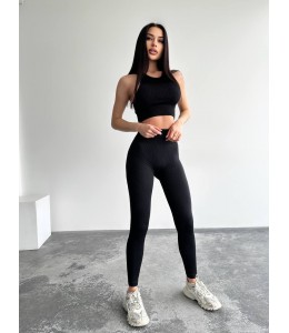 Бесшовный женский комплект в рубчик Leggings Rib + Halter Top (BLACK)