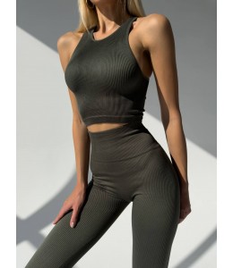 Бесшовный женский комплект в рубчик Leggings Rib + Halter Top (KHAKI)