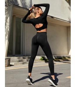 Женский бесшовный костюм для фитнеса Crop top+Leggings melange 11 (BLACK)