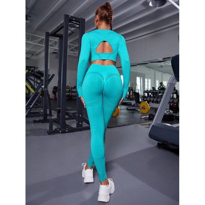 Женский бесшовный костюм для фитнеса Crop top+Leggings melange 11 (BISCAY GREEN)