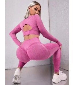 Женский бесшовный костюм для фитнеса Crop top+Leggings melange 11 (FUXIA)