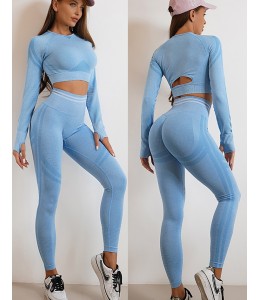 Безшовний комплект для фітнесу Crop top+Leggings melange 09 (BLUE)