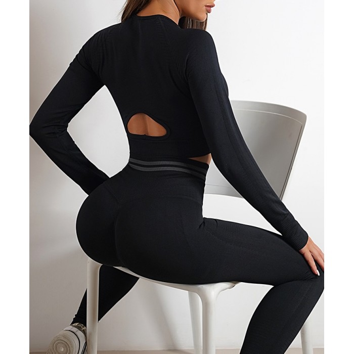 Безшовний комплект для фітнесу Crop top+Leggings melange 09 (BLACK)