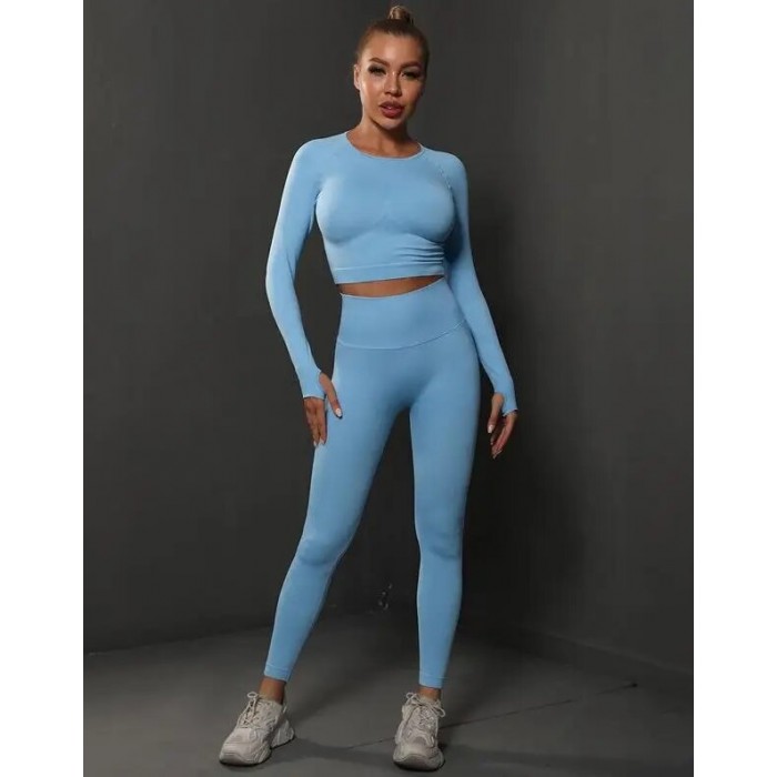  Жіночий жіночий фітнес костюм Crop top+Leggings 05 (AZURE)