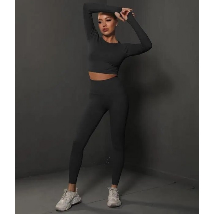 Жіночий жіночий фітнес костюм Crop top+Leggings 05 (BLACK)