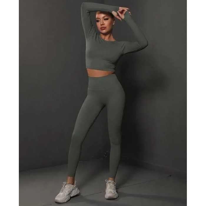 Бесшовный женский фитнес костюм Crop top+Leggings 05 (GRAFIT)