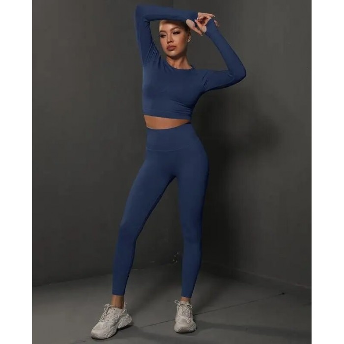 Жіночий жіночий фітнес костюм Crop top+Leggings 05 (NAVI)