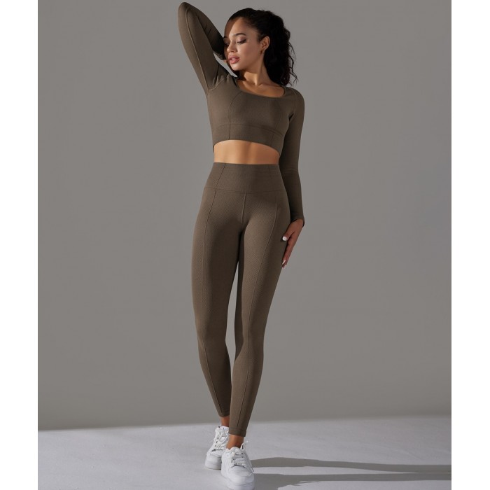 Безшовний жаккардовій комплект з ефектом накладних швів Crop top+Leggings Touch 14 (DEEP TAUPE)