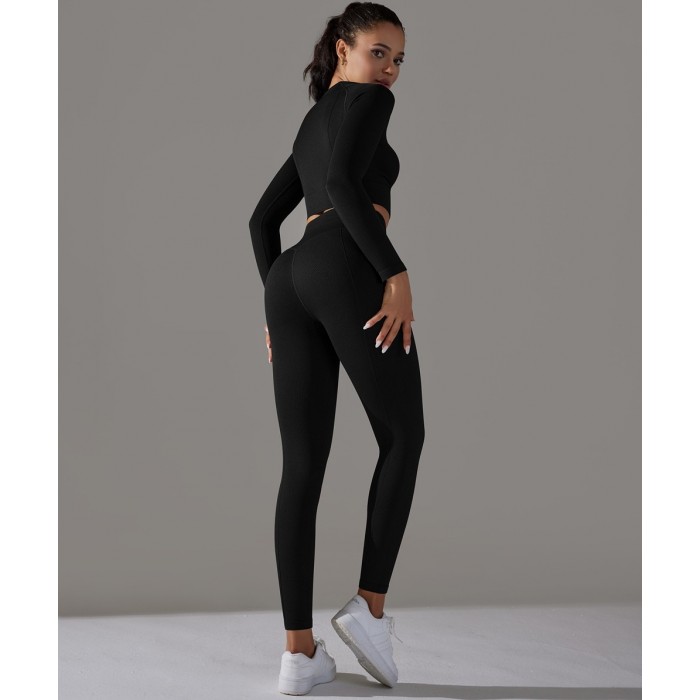 Безшовний жаккардовий комплект з ефектом накладних швів Crop top+Leggings Touch 14 (BLACK)